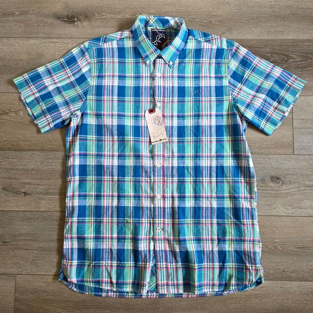 Raging Bull Button Up Short Sleeve Cotton Shirt Men's Size L Plaid NWT Country